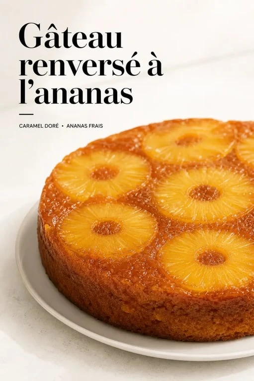 Recette gâteau ananas frais facile marmiton, gâteau renversé doré aux tranches d’ananas frais sur plat blanc