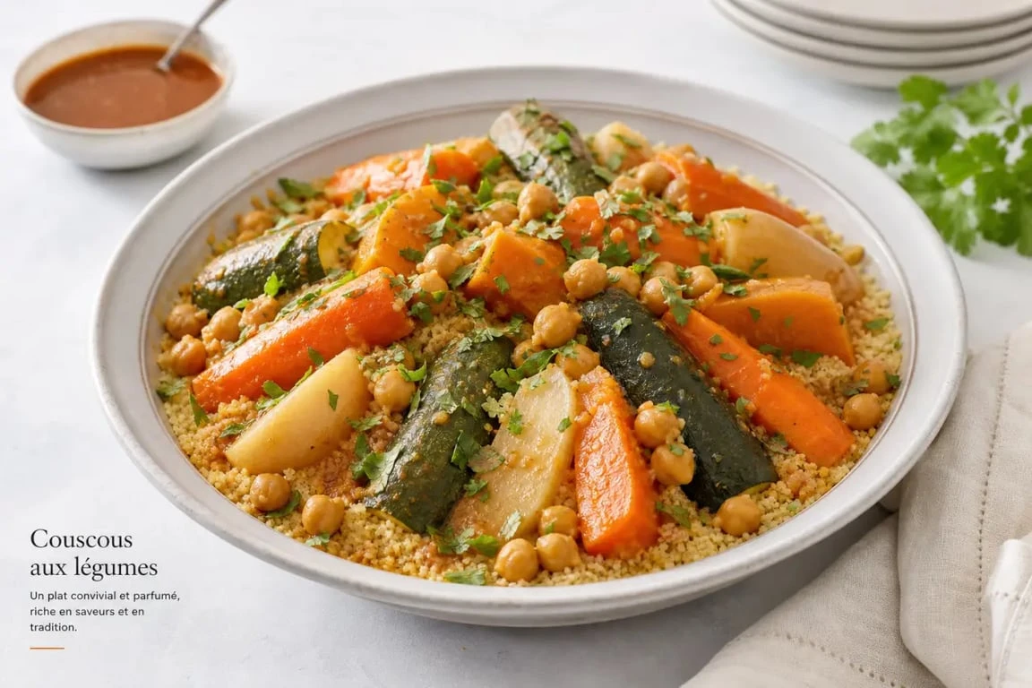 Recette couscous legumes : plat familial de couscous aux légumes avec semoule, pois chiches et bouillon parfumé