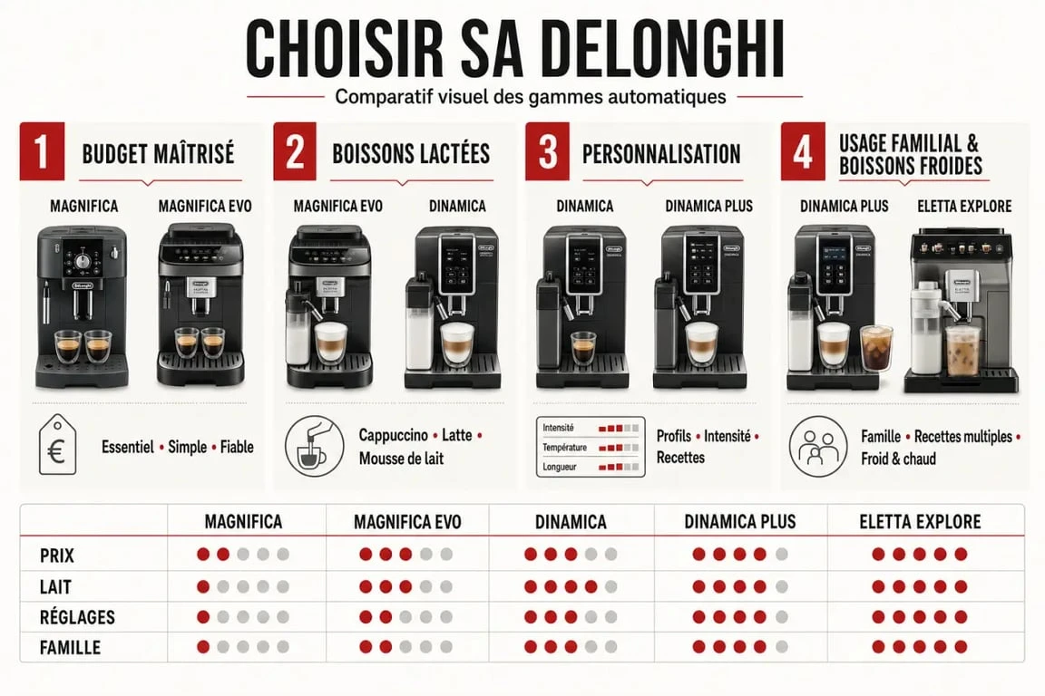 Quelle DeLonghi choisir : comparatif visuel des gammes Magnifica, Dinamica et Eletta Explore