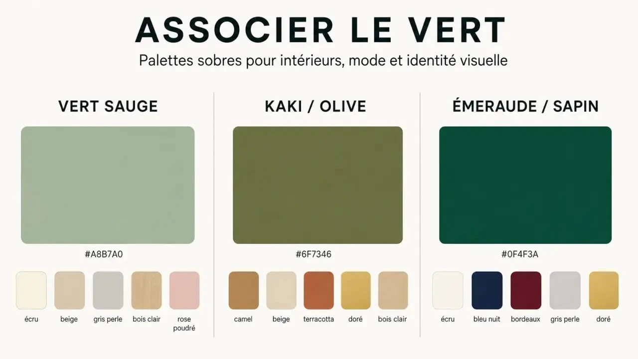 Palette visuelle pour comprendre le vert se marie avec quelle couleur selon les nuances sauge, kaki et émeraude