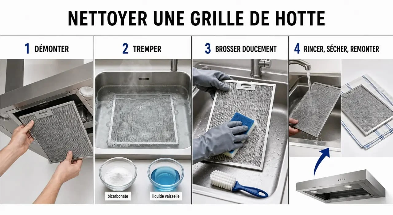 Nettoyage grille hotte : étapes pour démonter, tremper, frotter et sécher une grille métallique