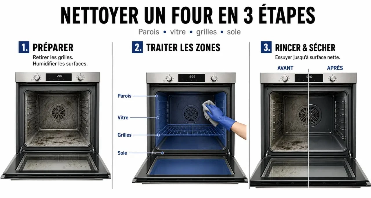 Comment nettoyer four : illustration des étapes de nettoyage des parois, de la vitre et des grilles avec avant/après