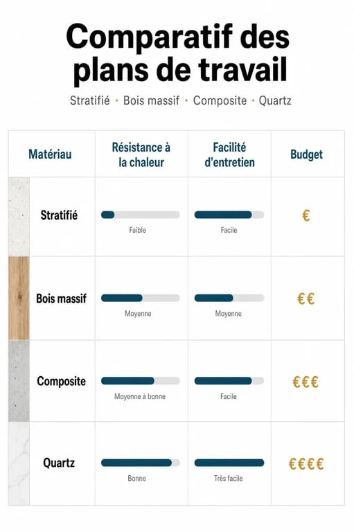 Tableau comparatif des matériaux pour plan de travail Bricorama : stratifié, bois, composite et quartz.