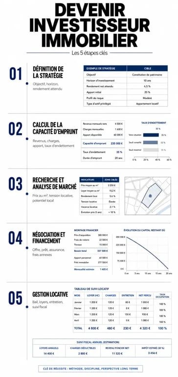 Infographie des étapes pour devenir investisseur immobilier