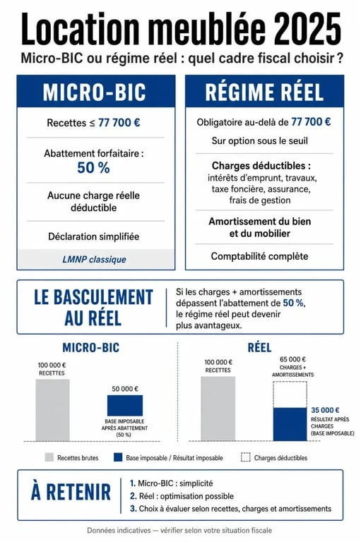 Location meublée fiscalité 2025 : infographie comparative micro-BIC vs régime réel
