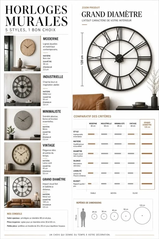 Horloges design : comparaison visuelle des styles, matières et tailles pour choisir une horloge murale