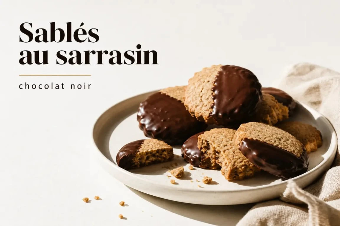 Biscuit sarrasin maison sur assiette, avec chocolat noir, pour illustrer la recette