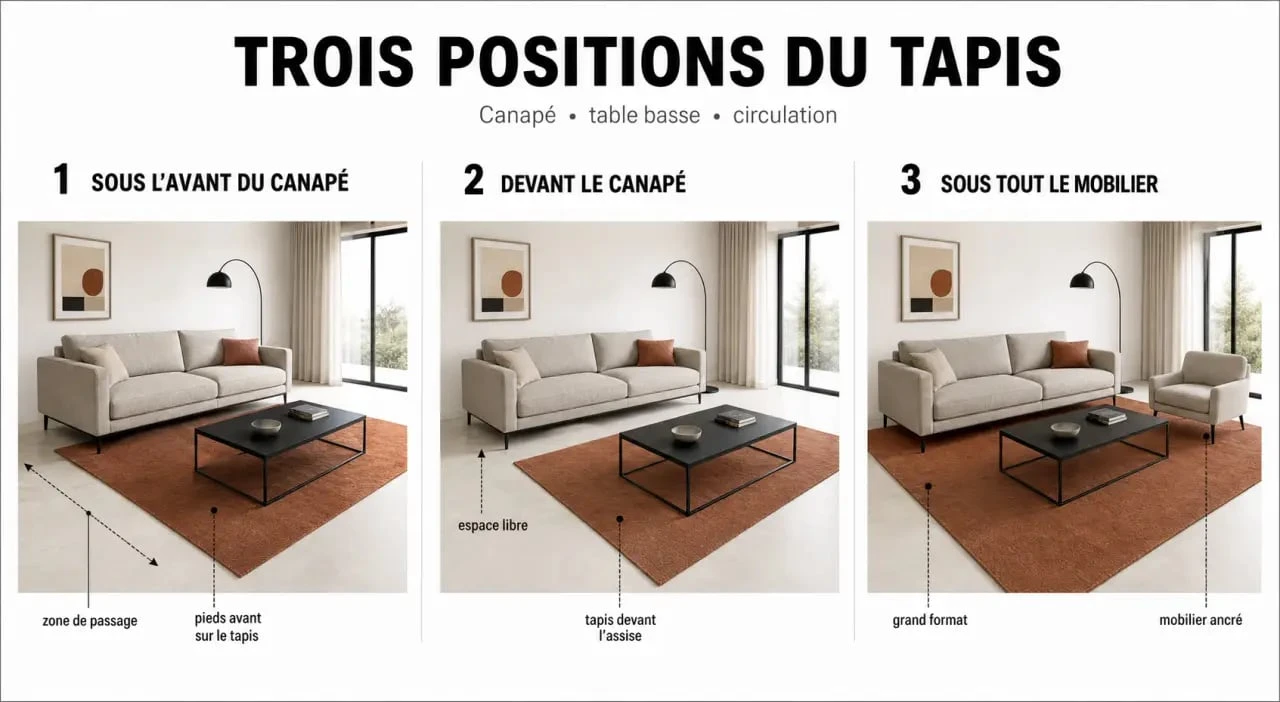 Tapis dans salon : les trois positions les plus efficaces par rapport au canapé et à la table basse