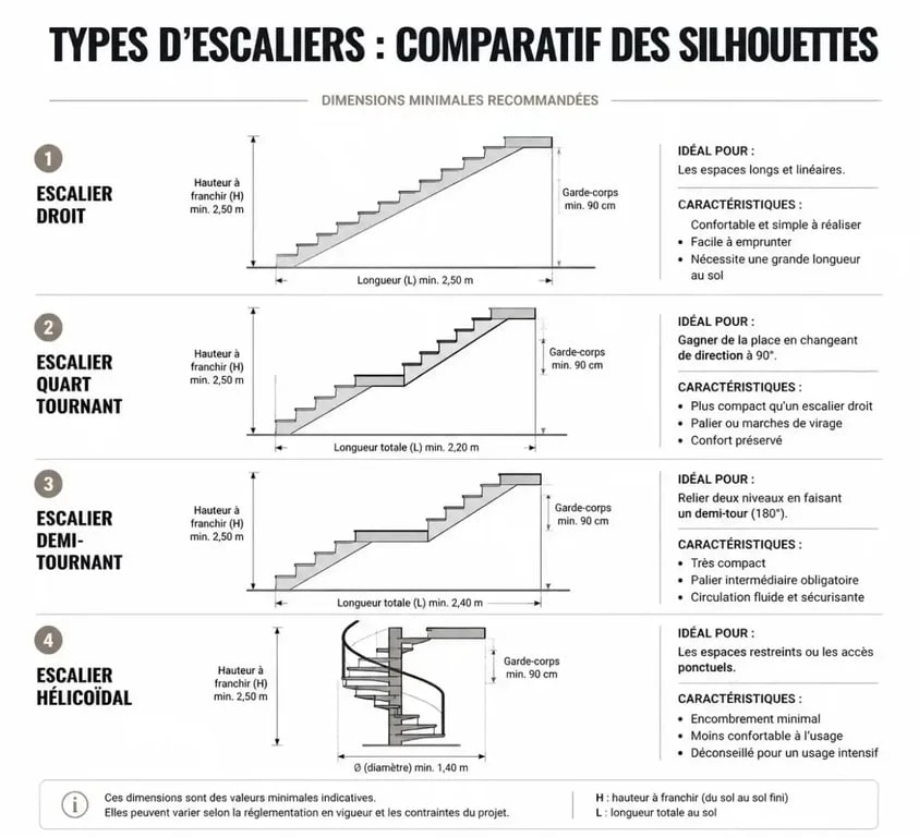 Infographie comparative des différents types d'escaliers pour choisir le modèle adapté à son intérieur