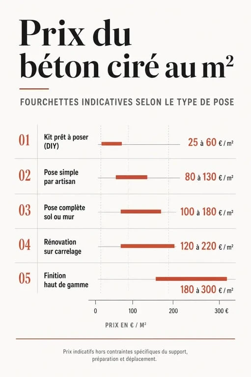 Tableau comparatif des prix du béton ciré au m2 selon la pose et le support