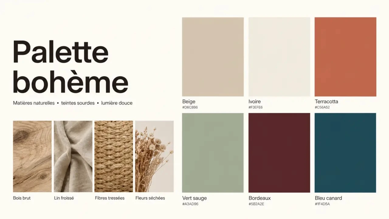 Moodboard de couleur boheme avec palette terracotta, beige, ivoire et vert pour décoration et mariage