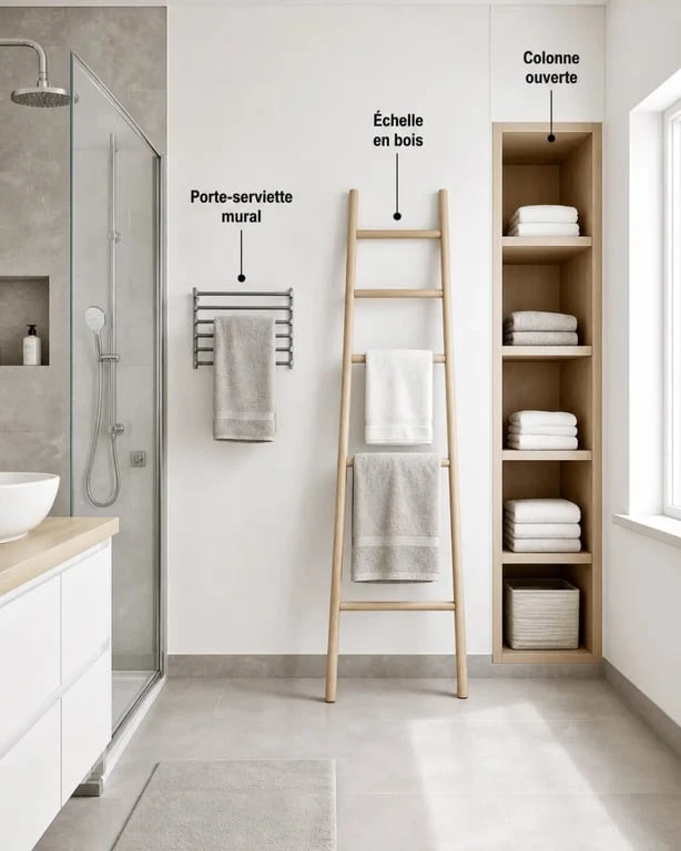 Rangement serviette dans une petite salle de bain avec porte-serviette mural, échelle et colonne ouverte