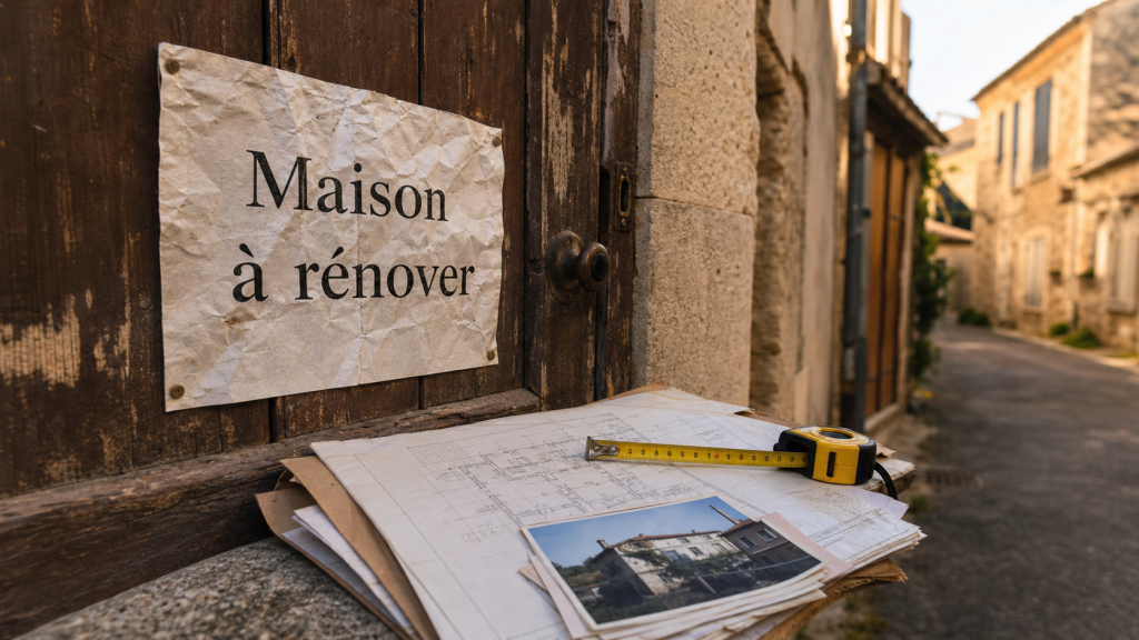 Maison abandonnée à vendre paca : affiche maison à rénover sur porte en bois