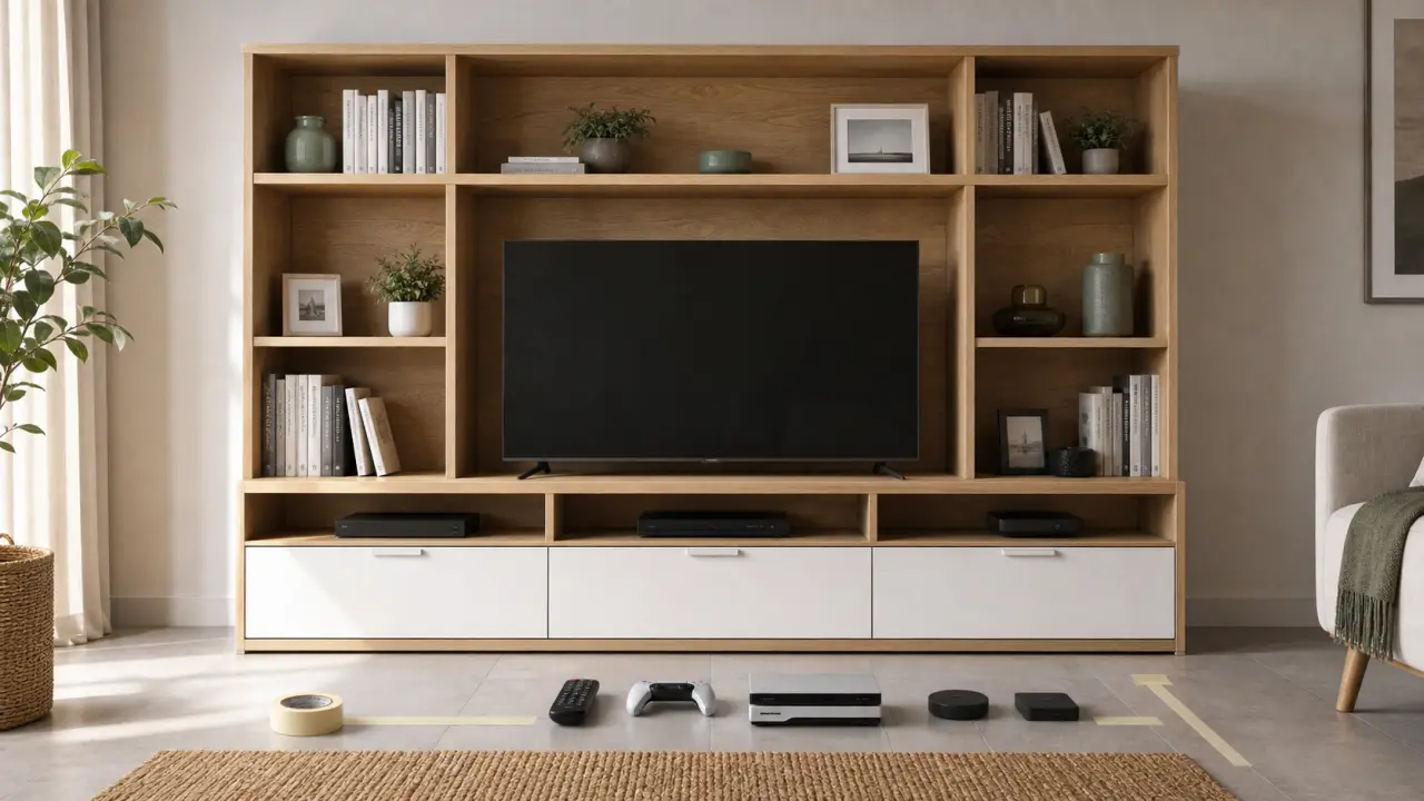 Meuble bibliothèque tv 140 cm : rangements, finitions et fixation à vérifier