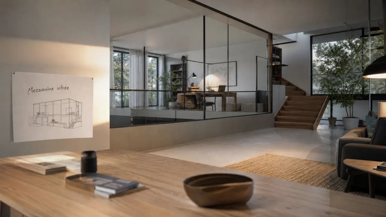 Mezzanine fermée vitrée séparant un coin bureau, lumière naturelle