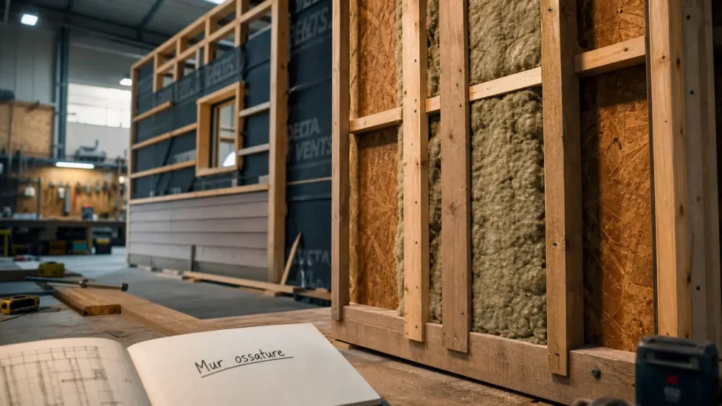 Maquette d’un mur à ossature bois en atelier, isolation et OSB visibles