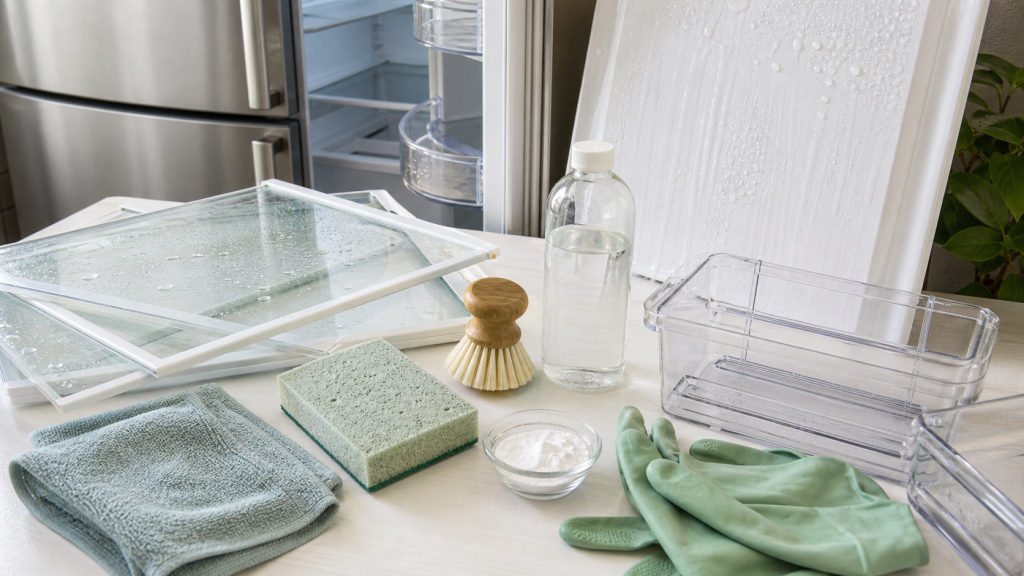 Nettoyer frigo sans odeur ni bactéries : frigo ouvert et accessoires de nettoyage