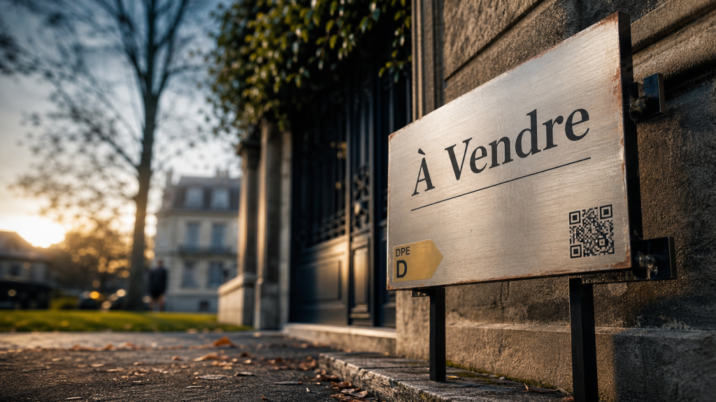 Panneau immobilier À vendre avec mentions et QR code