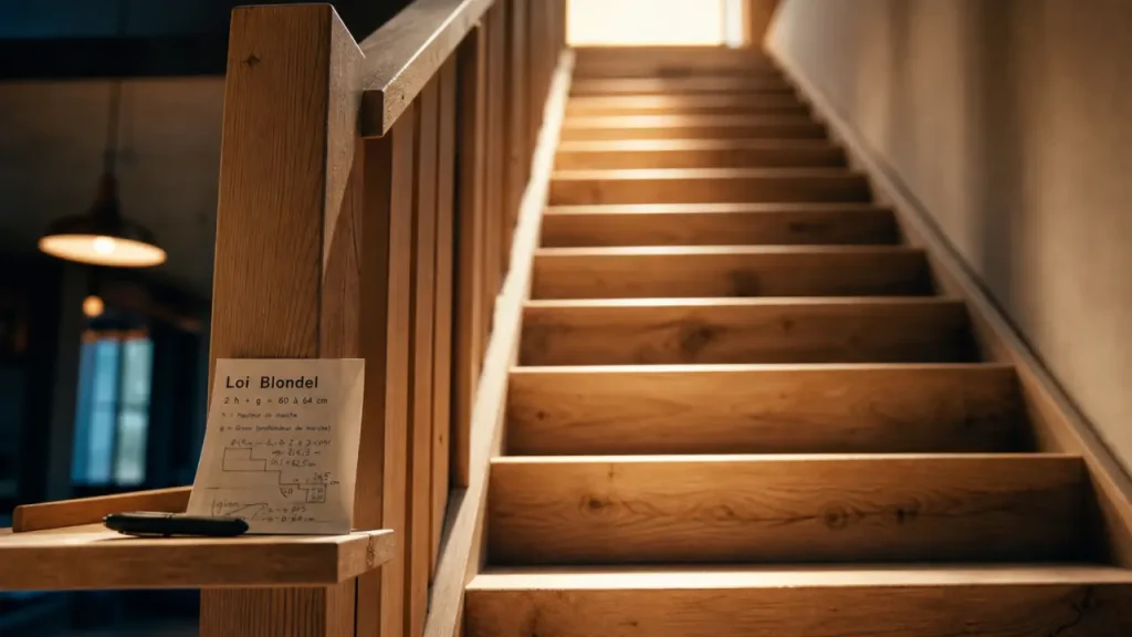Type escalier droit en bois clair, marches et garde-corps, intérieur lumineux