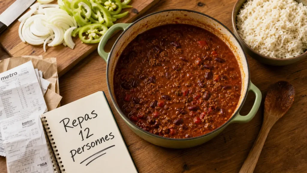 Repas pas cher pour 12 personnes : chili rouge, riz et budget < 60 €