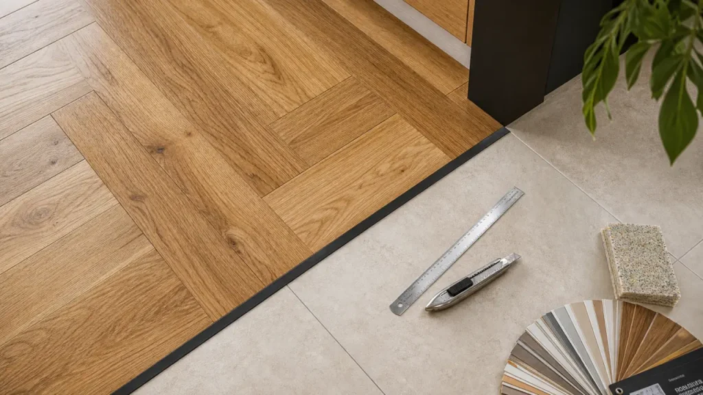 Jonction salon parquet cuisine carrelage parfaite, parquet et carrelage avec profilé de transition fin
