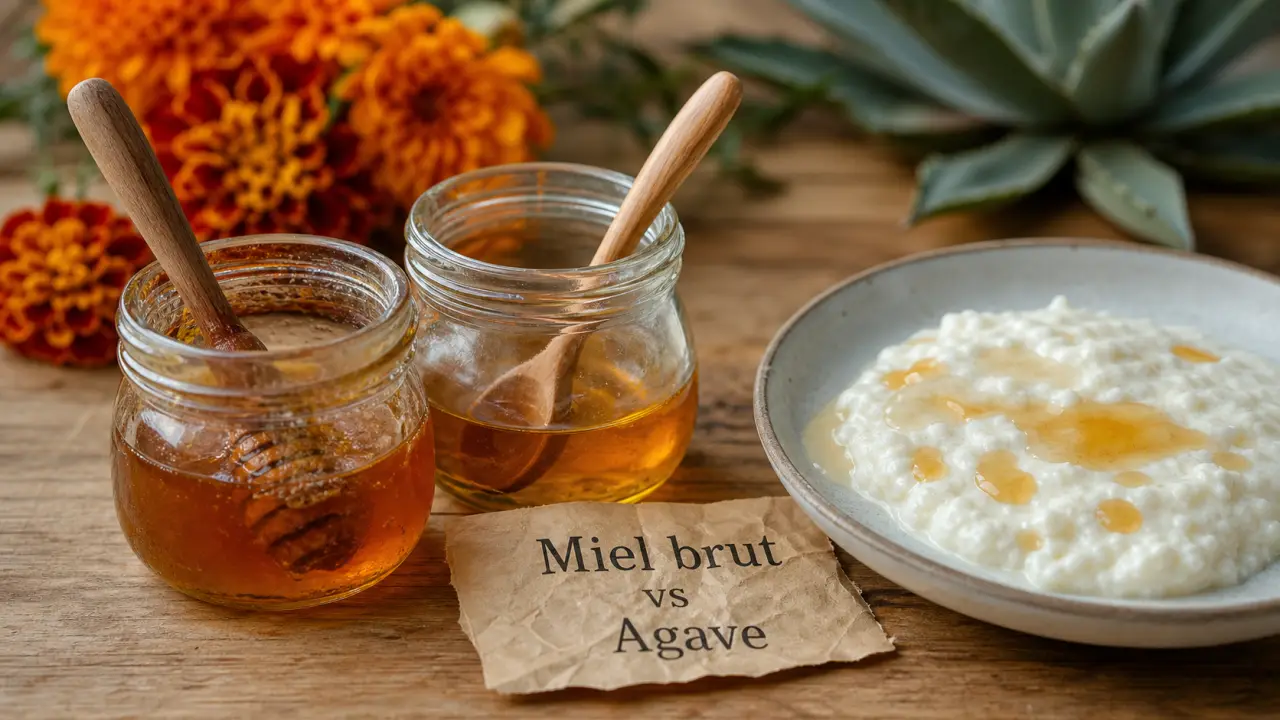 Sirop d agave ou miel : pots de miel et sirop d agave sur table en bois