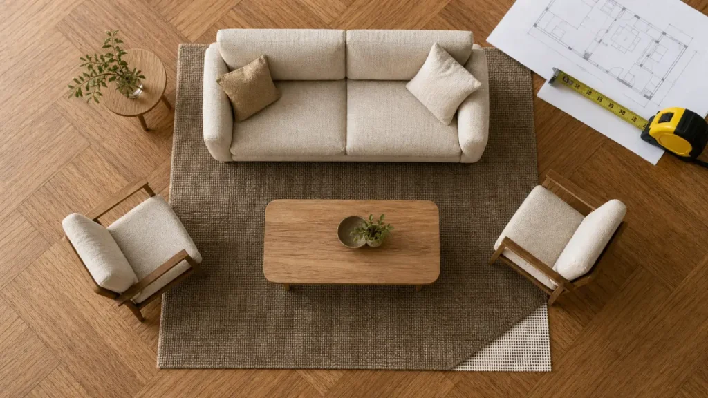 Tapis dans le salon : 3 placements et 30 cm de débord pour éviter l’effet perdu