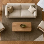 Tapis dans salon au bon placement avec débord de 30 cm pour éviter l’effet perdu