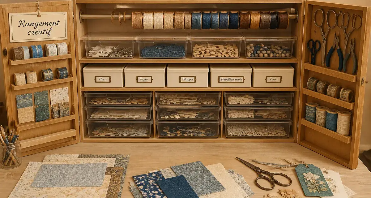 Armoire rangement loisirs créatifs ouverte, bacs et boîtes pour atelier organisé