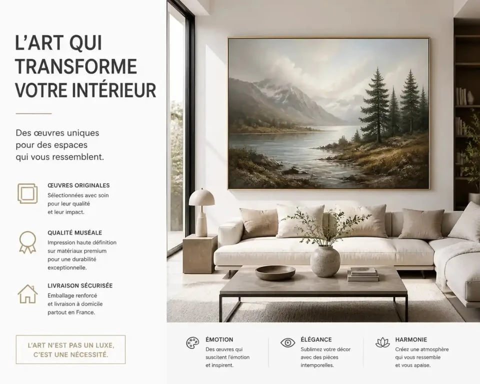 Tableau paysage moderne installé au-dessus d'un canapé dans un salon lumineux pour une décoration intérieure élégante