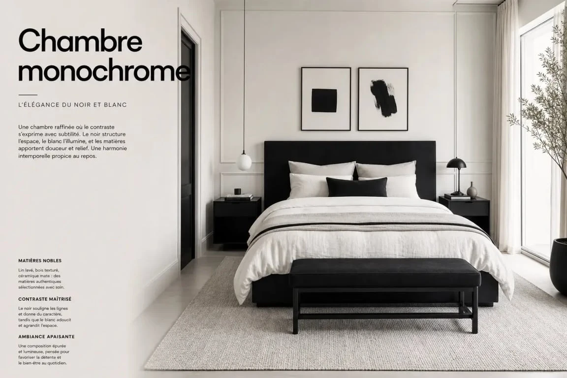 Chambre noir et blanc chambre élégante avec contraste équilibré, textiles doux et décoration murale raffinée