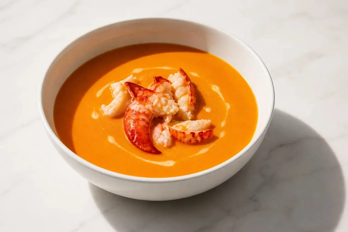 Recettes bisque de homard maison, bol de bisque lisse et garnie de chair de homard