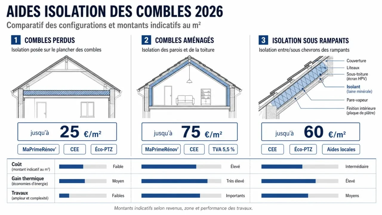 Aide pour isolation des combles en 2026 : comparaison des combles perdus, aménagés et rampants