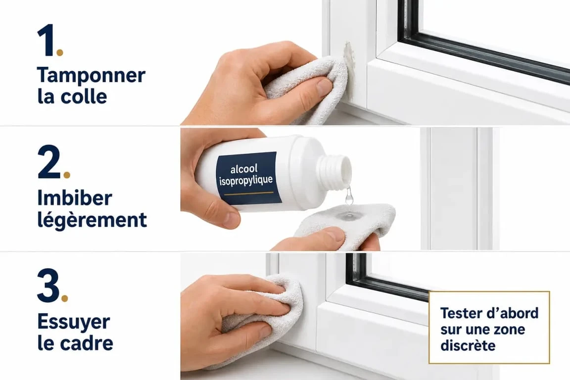 Enlever colle sur pvc fenetre avec chiffon et produit doux sur un cadre blanc