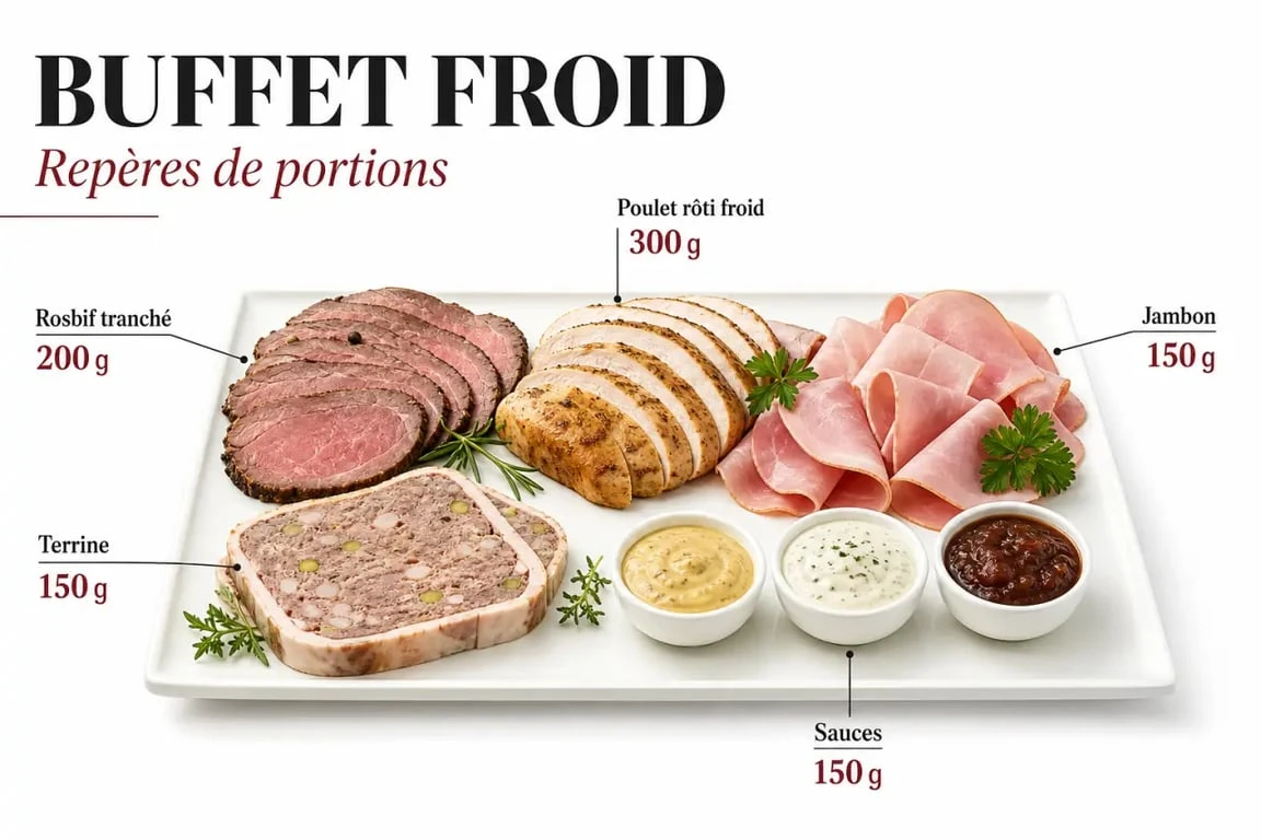 Viande froide buffet : plateau visuel avec rosbif, poulet, jambon et terrine
