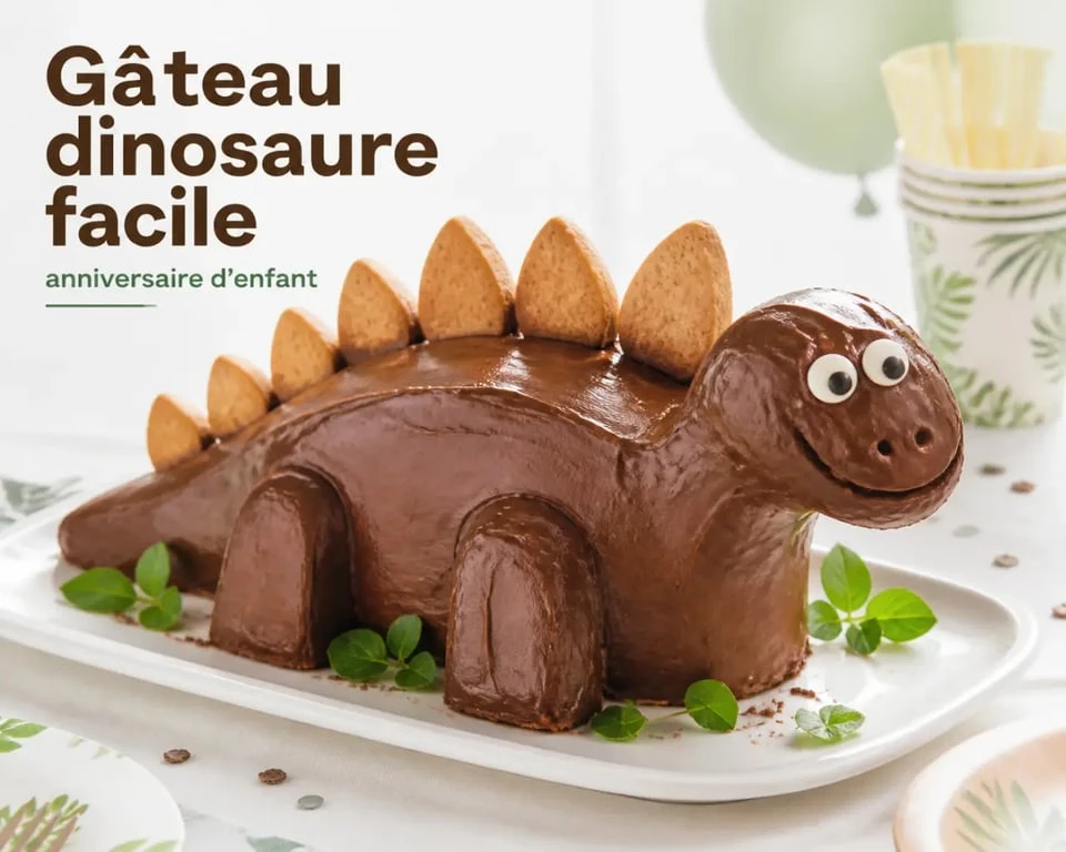 Recette gâteau dinosaure facile présenté en gâteau d’anniversaire décoré avec bonbons et biscuits