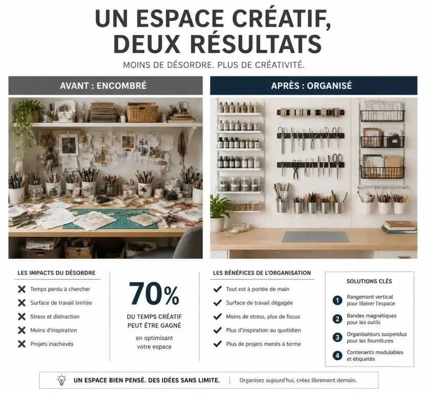 Comparatif avant après d'un espace de travail et armoire de rangement pour loisirs créatifs