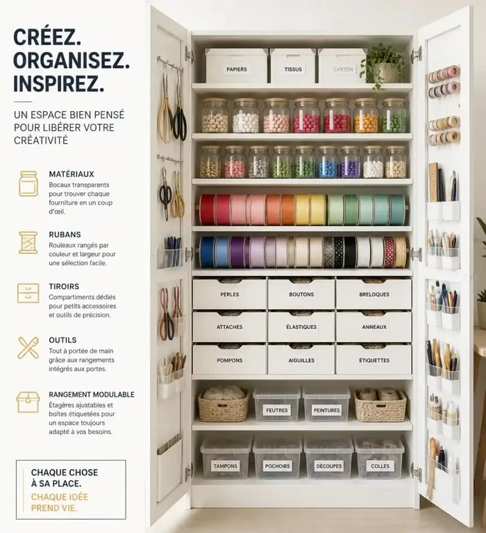 Armoire de rangement pour loisirs créatifs parfaitement organisée avec des compartiments pour outils et fournitures