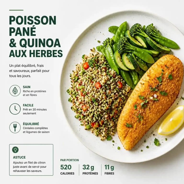 Assiette équilibrée avec poisson pané et accompagnement de légumes et quinoa