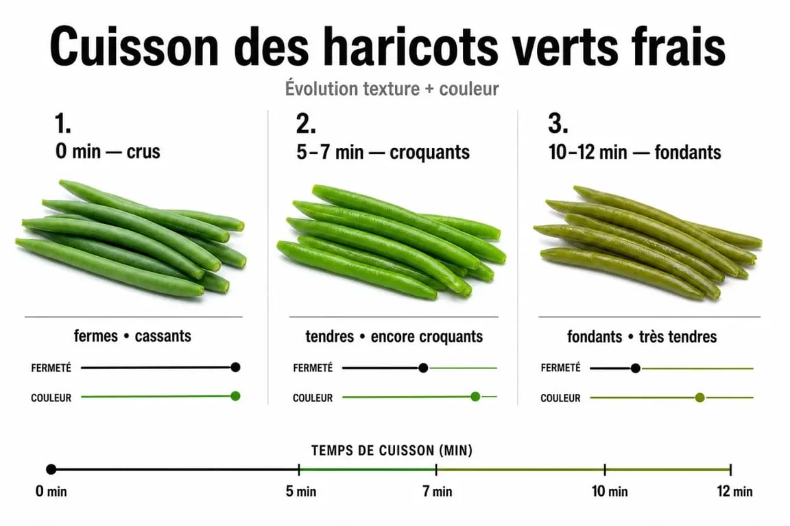 Cuisson haricot vert frais : progression visuelle entre haricots crus, croquants et fondants