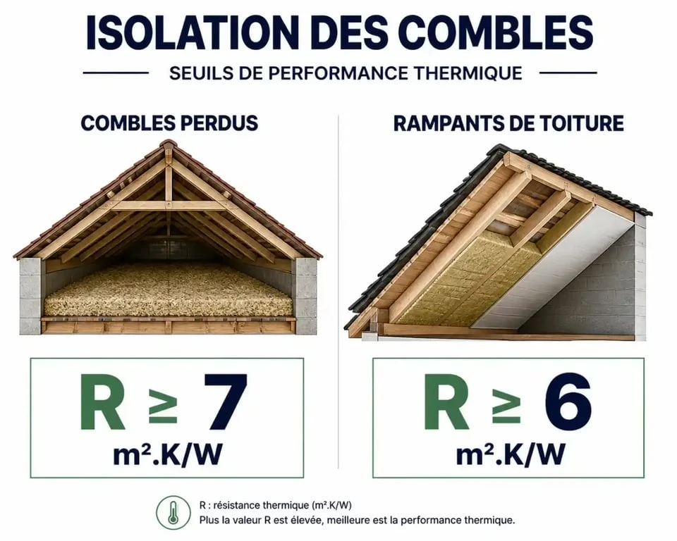 Infographie des seuils de résistance thermique R pour le certificat de conformité isolation combles