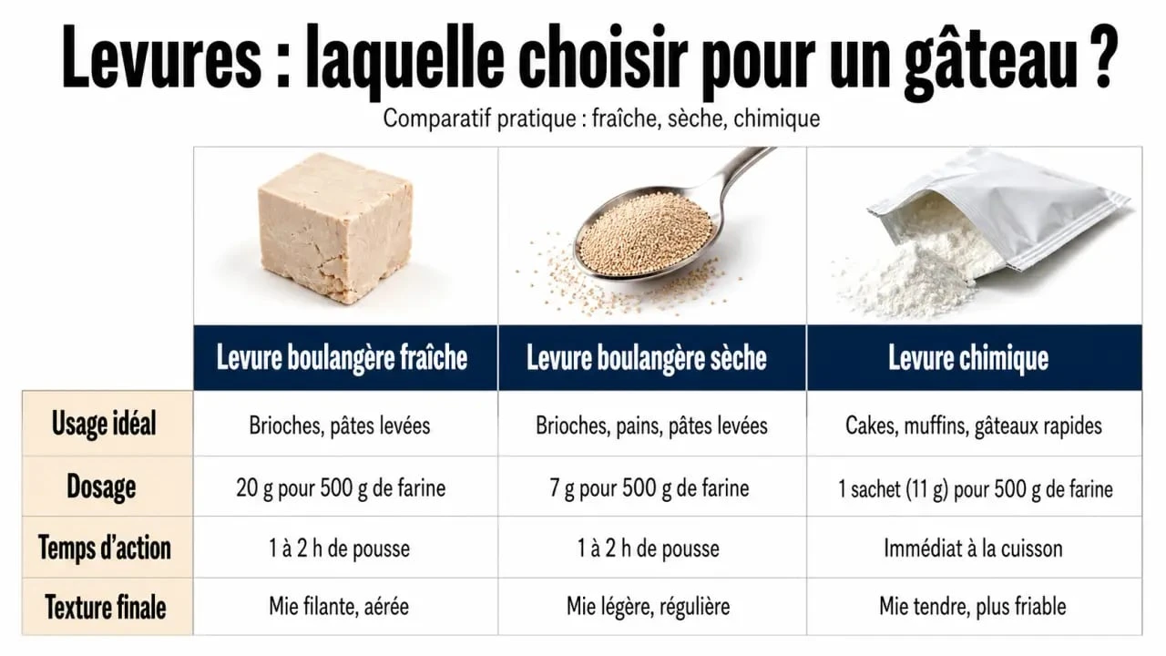 Levure boulangère pour gateau : tableau comparatif entre levure boulangère fraîche, sèche et chimique