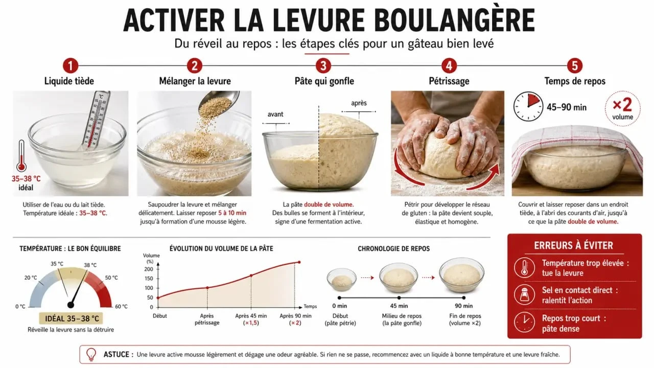 Levure boulangère pour gateau : schéma du processus d’activation et des erreurs à éviter