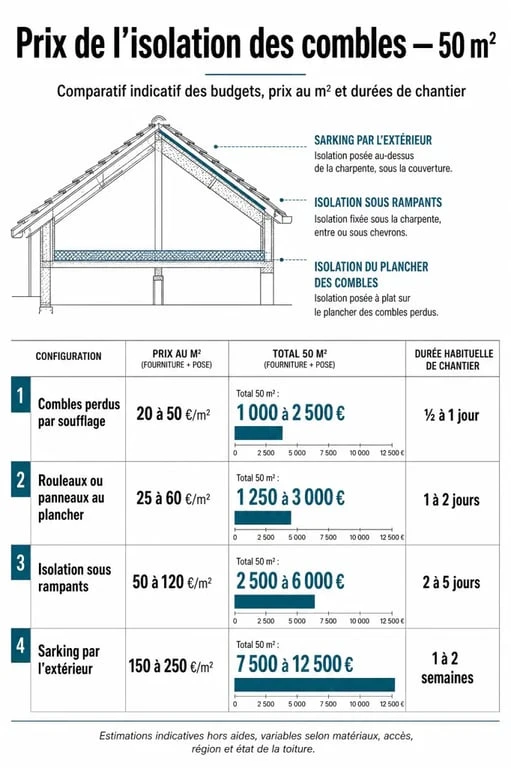 Prix isolation combles 50m2 : comparaison visuelle des budgets selon combles perdus, rampants et sarking