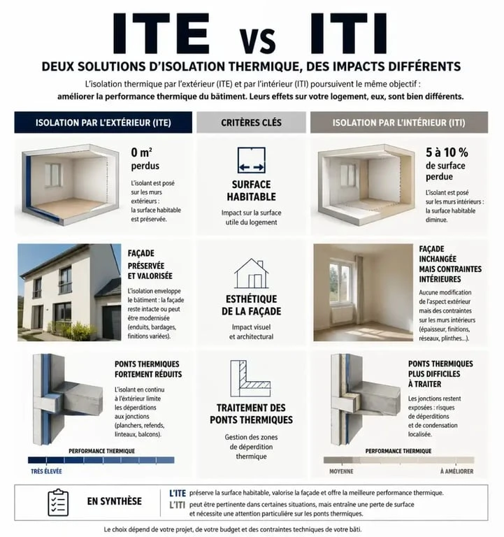 Infographie comparative isolation thermique par l'extérieur ITE vs isolation par l'intérieur ITI pour vos travaux à Avignon