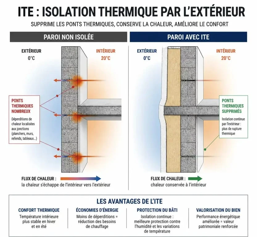 Schéma explicatif de l'isolation thermique extérieure à Hendaye pour réduire les ponts thermiques