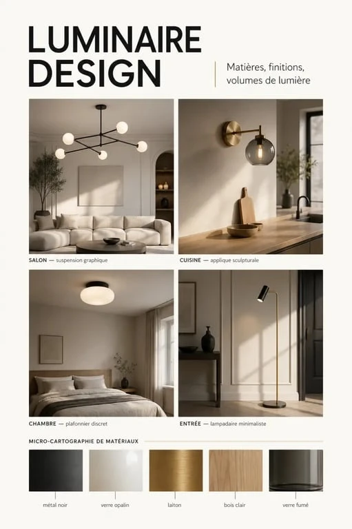 Luminaire design : moodboard d’ambiances avec suspension, applique, plafonnier et lampadaire dans plusieurs pièces