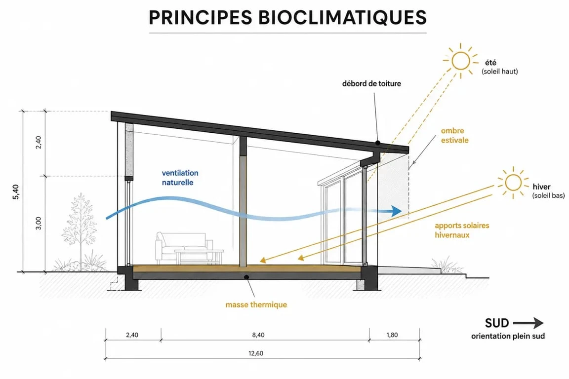 Schéma des principes bioclimatiques pour construire une maison écologique efficace.
