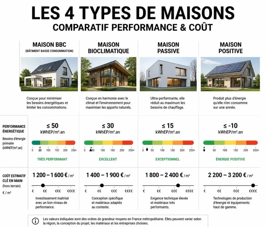 Comparatif des types de maisons pour construire une maison écologique : BBC, bioclimatique, passive et positive.