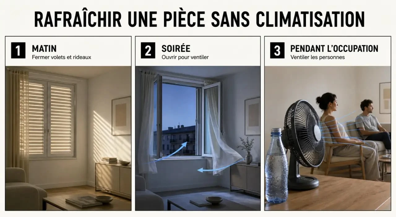 Rafraichir une piece : routine visuelle du matin au soir avec volets fermés, aération nocturne et ventilateur